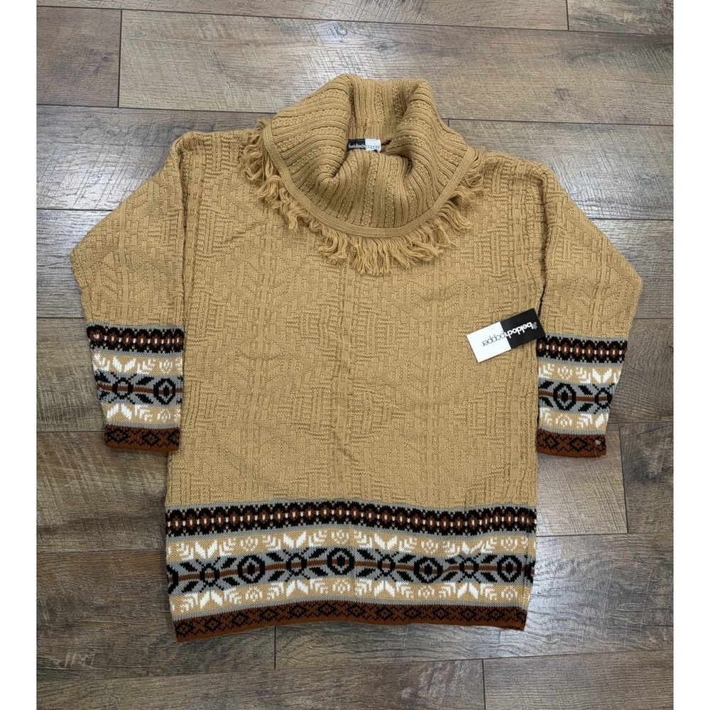 NWT Vintage 80s‎ Aztec Cowlneck Knit Sweater Tan Western Small Beldoch Popper